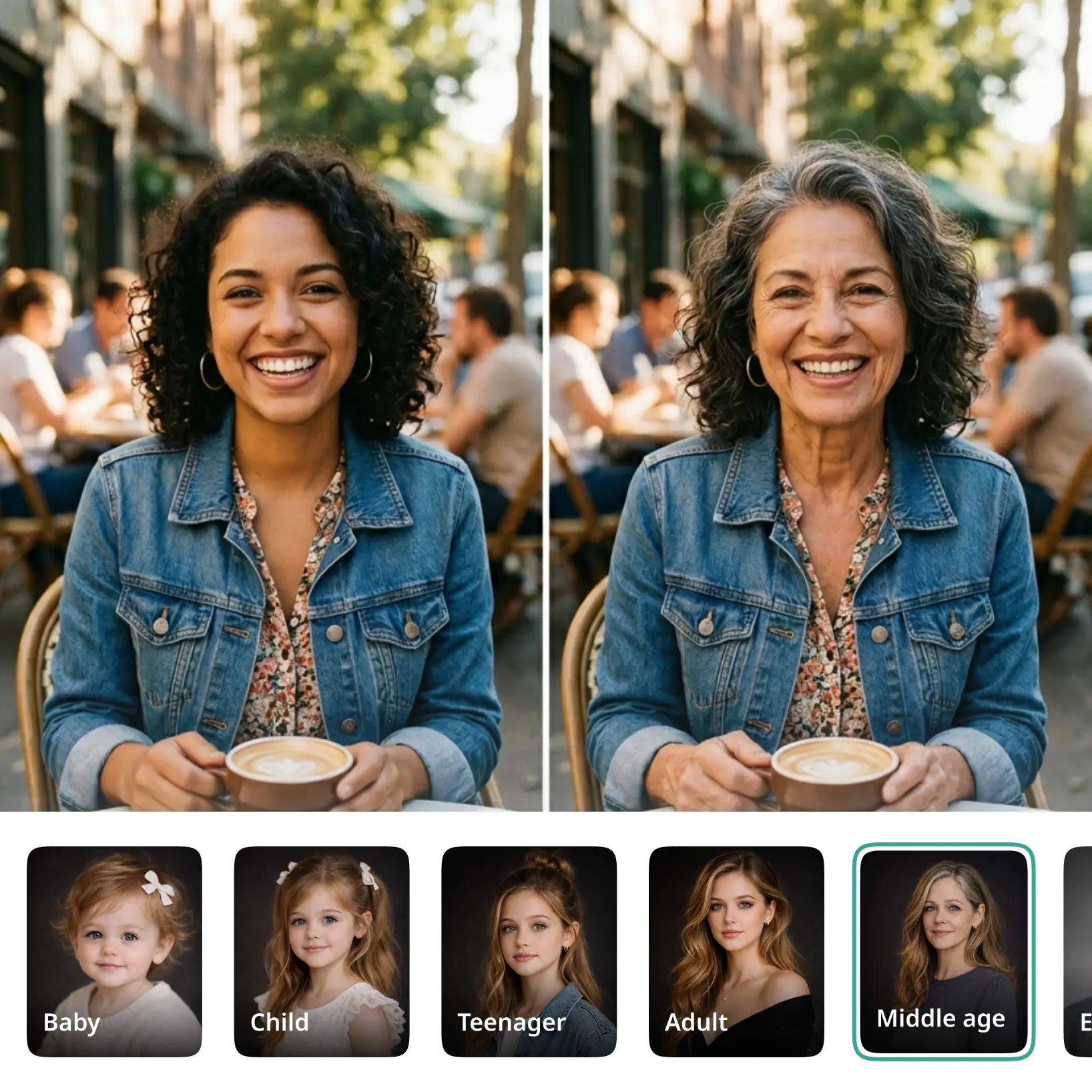 AI age progression result showing a young woman aged to mature version, with Lift app age selection UI displaying Baby, Child, Teenager, Adult, and Middle Age options