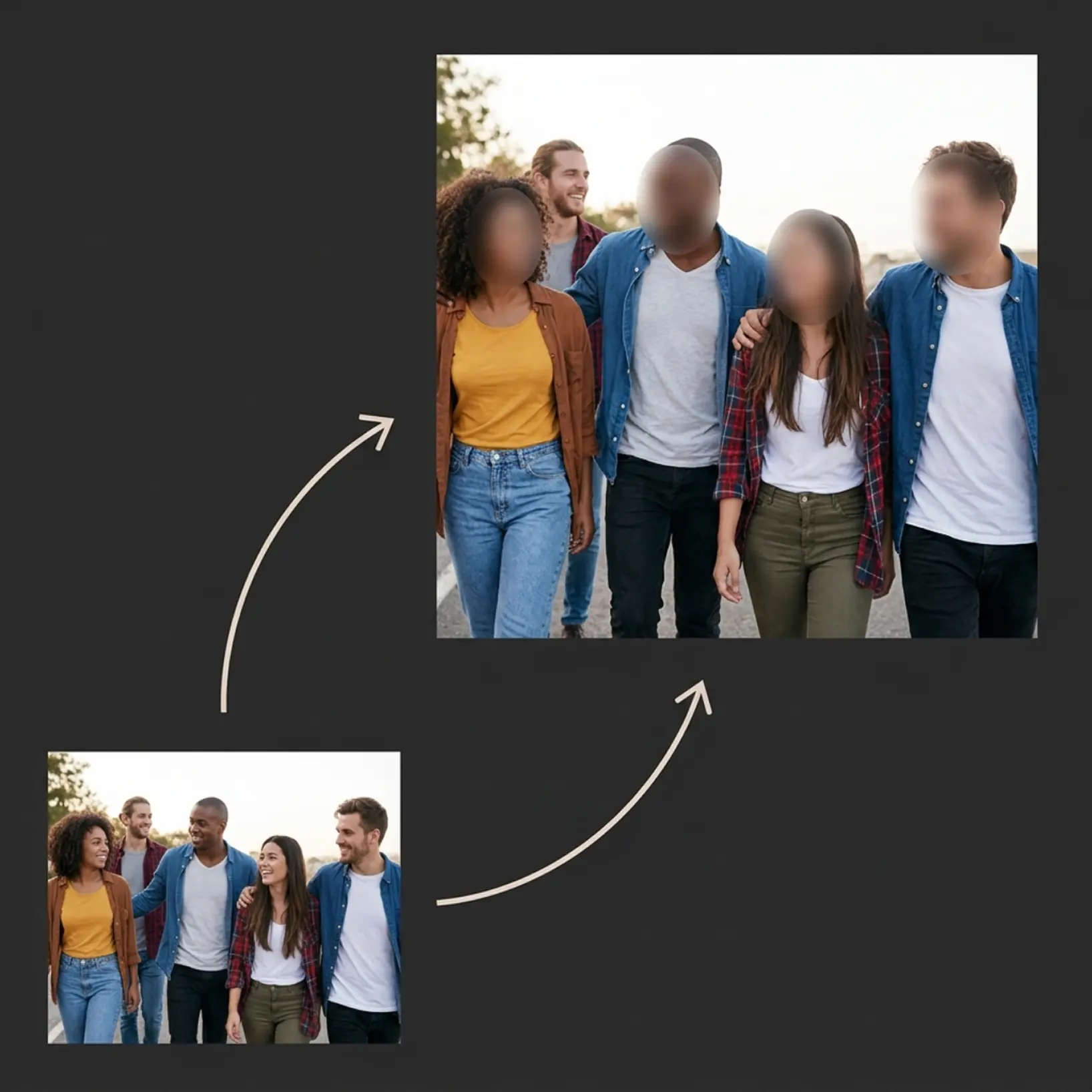 Group photo with faces blurred using Lift online AI blur tool to protect privacy while keeping the rest of the image clear and detailed