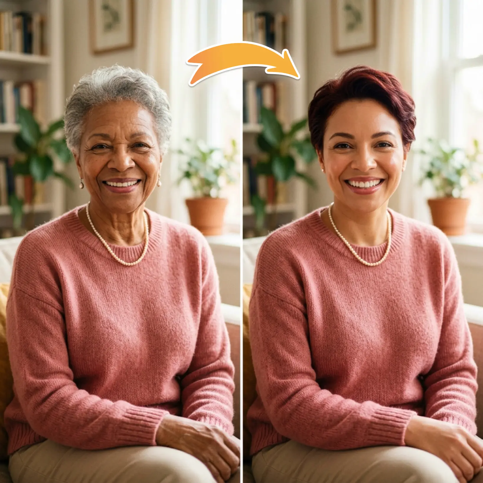 Side-by-side portrait showing an elderly woman transformed into a younger version of herself using Lift AI age progression technology