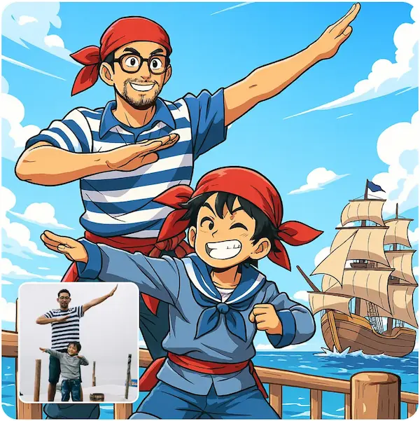 Anime-style father and son posing like pirates on a ship