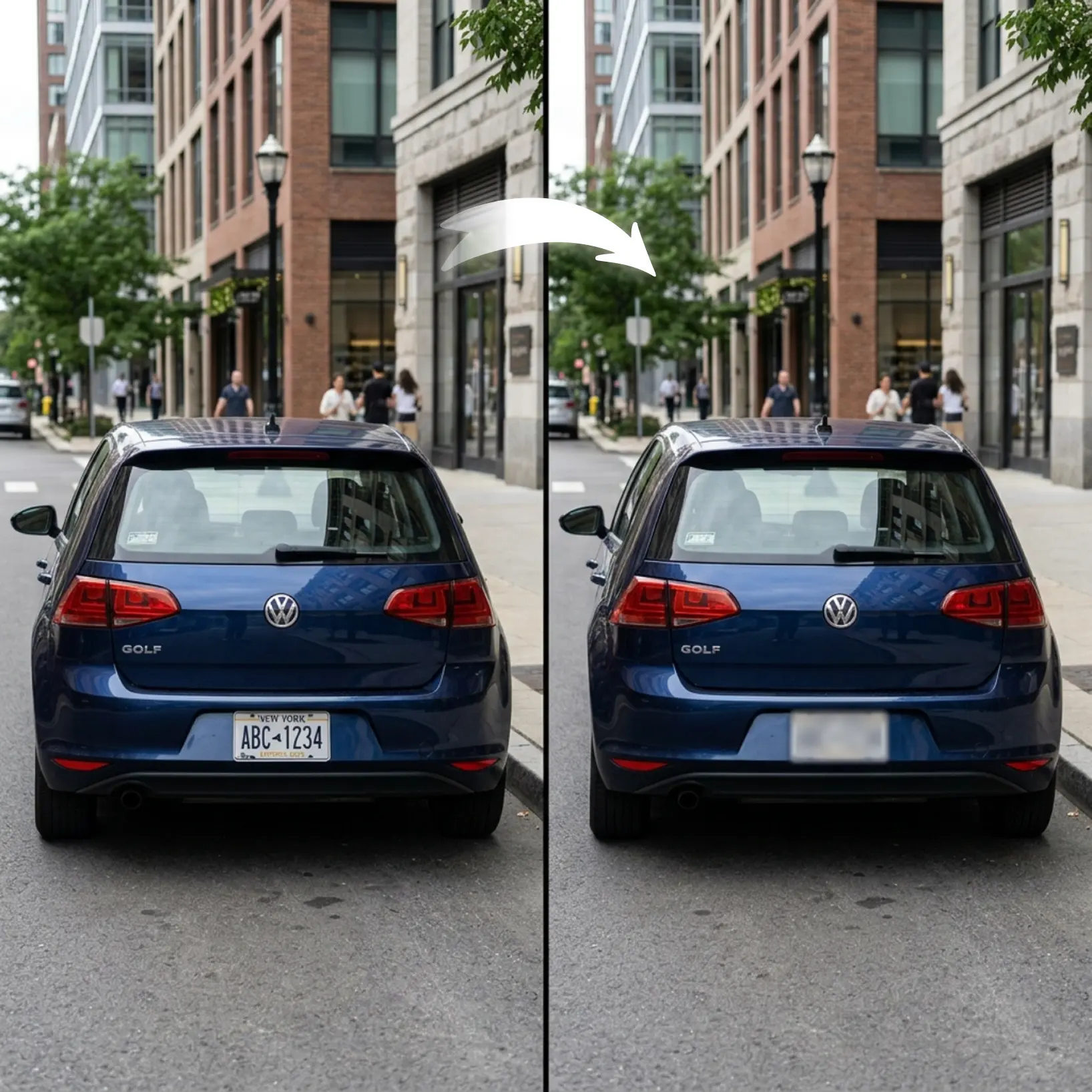 Before and after image showing a car license plate blurred using an online blur image tool to protect sensitive information