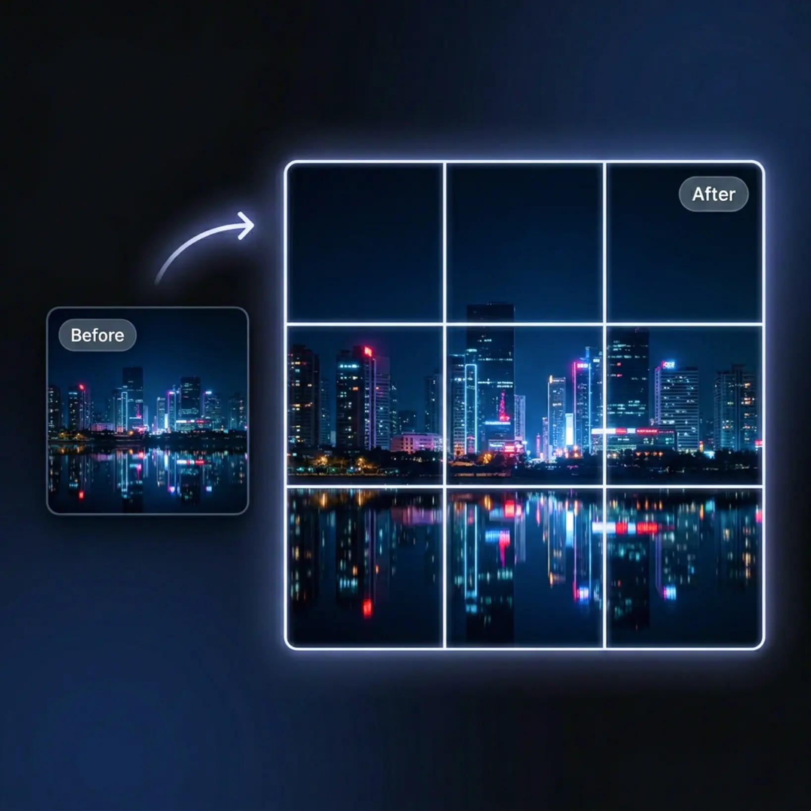 Before and after view of a city photo split into a seamless 3x3 Instagram grid using Lift