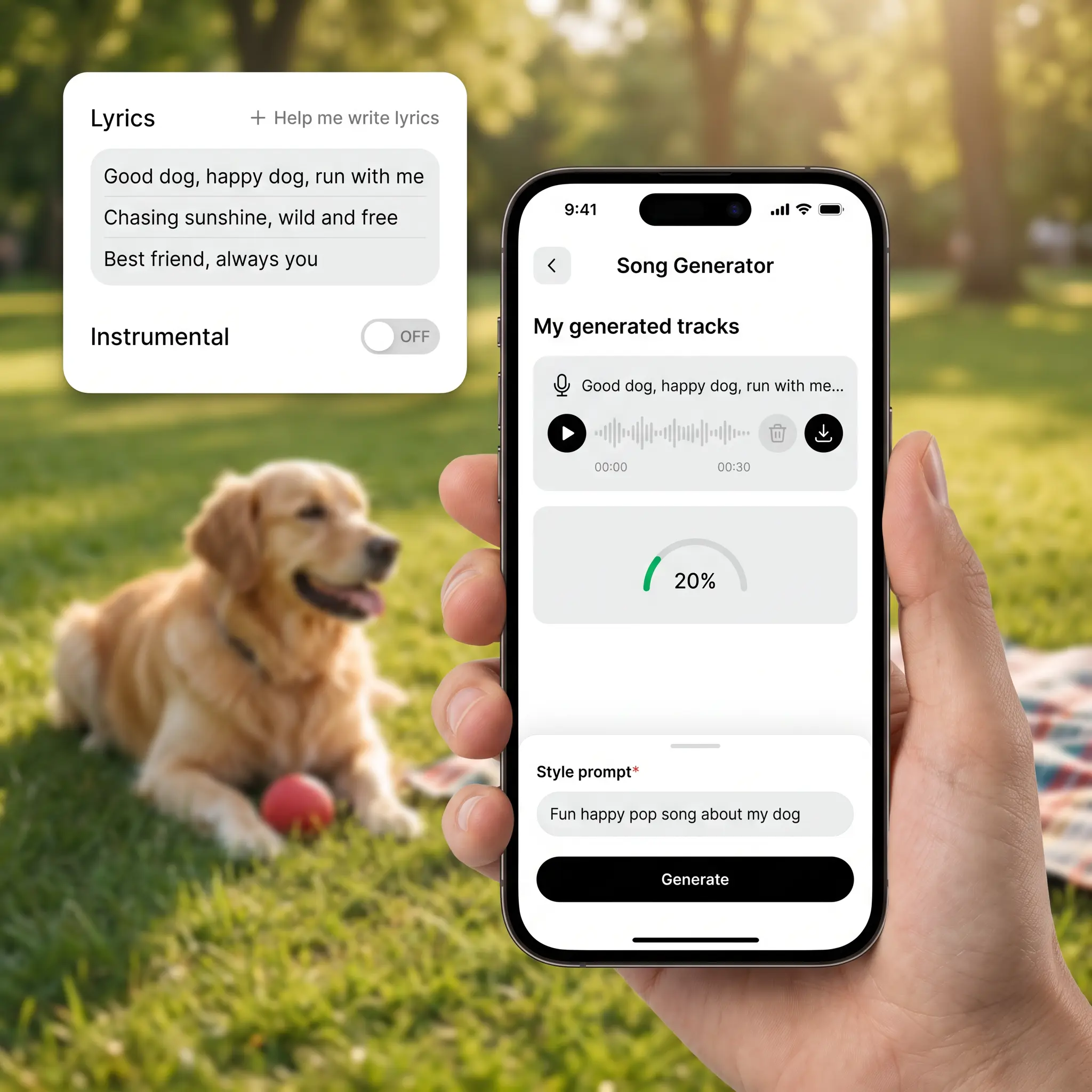 Phone in a park generating a happy AI song about a golden retriever, with custom lyrics beside it