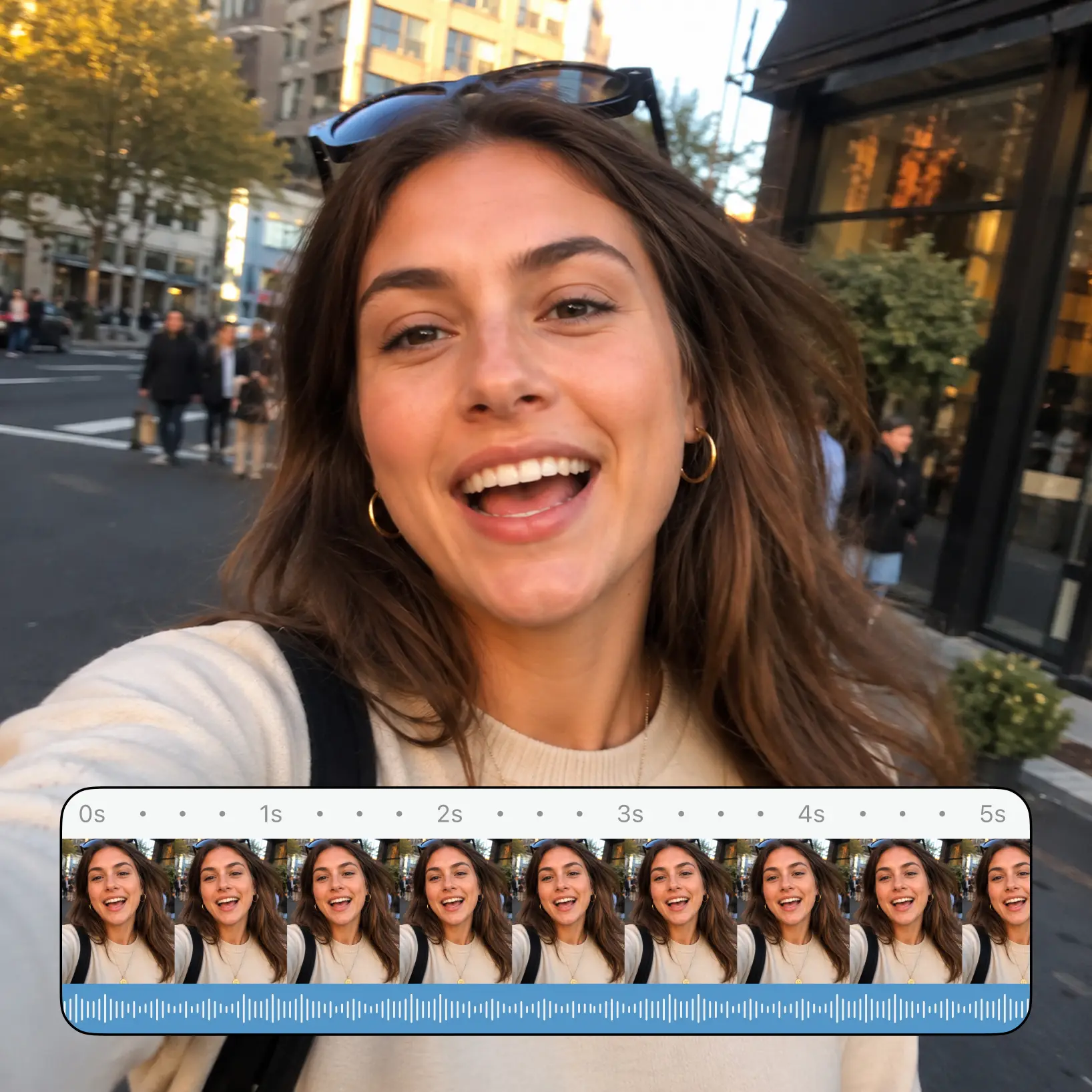 Lift AI Video Generator rendering a five-second clip from a smiling selfie shot in the city Lift AI Video Generator rendering a five-second clip from a smiling selfie shot in the city