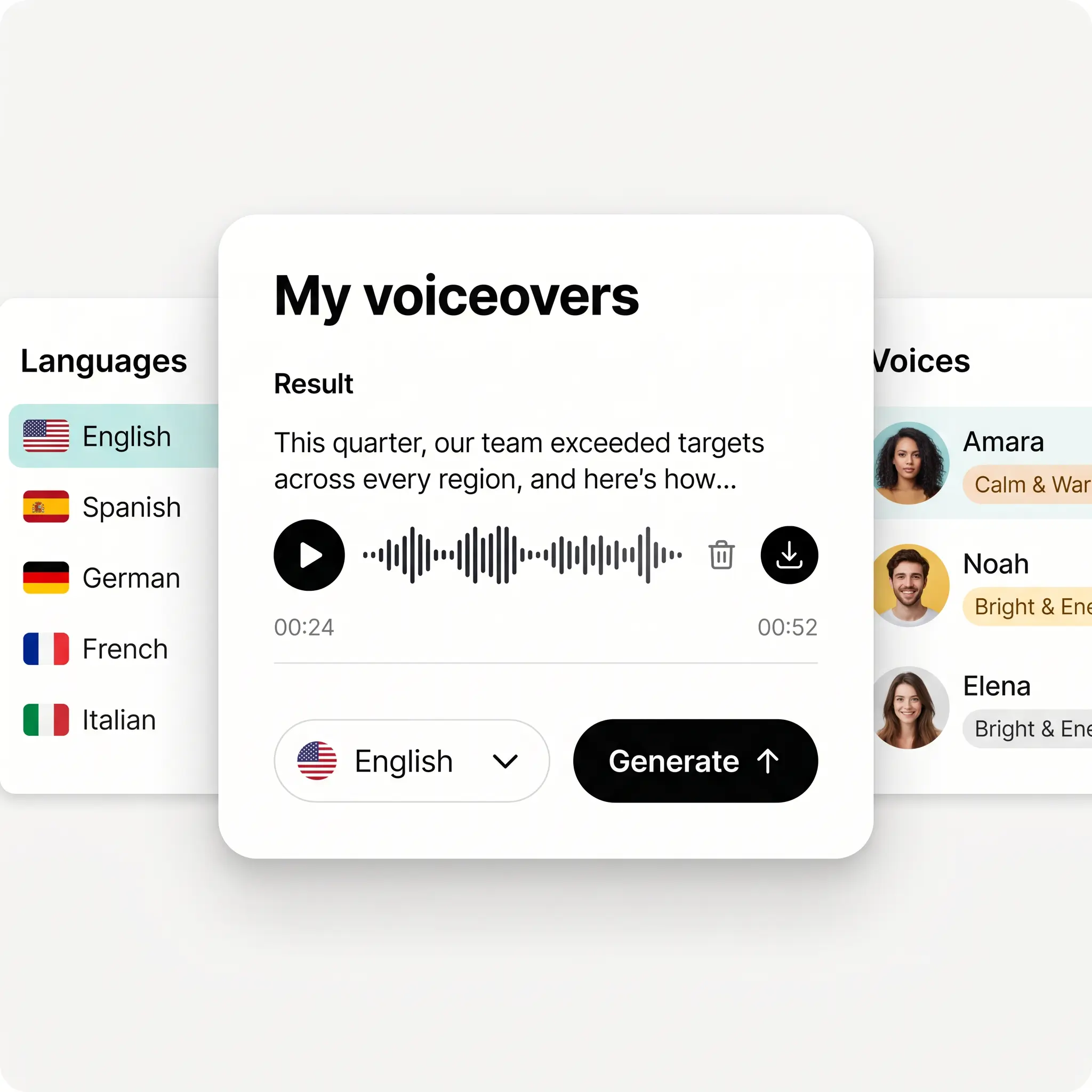 Text to speech voices panel with mood labels, language list, and a business update voiceover ready to download
