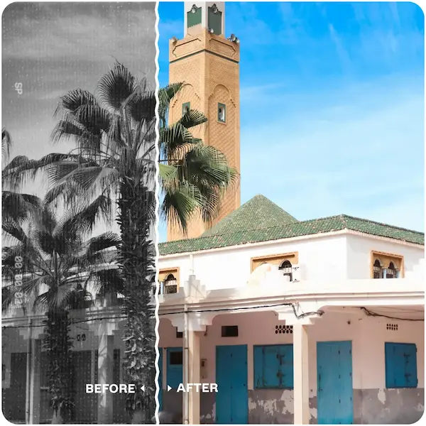 Grainy black and white photo of a Moroccan building is brilliantly colorized.