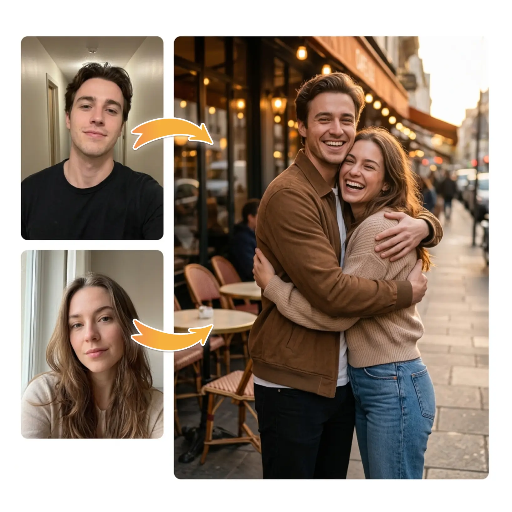 Lift AI Image Combiner combining two separate selfies into a couple embracing outside a Paris café at sunset