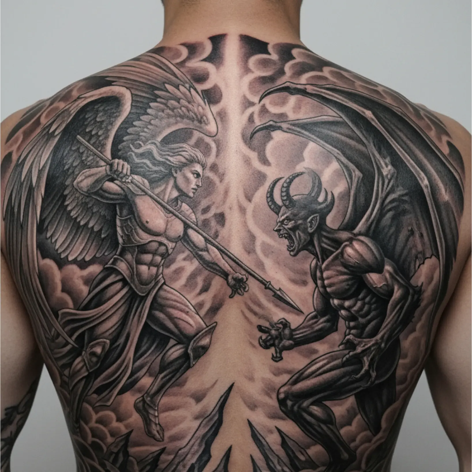 Photo to tattoo converter showing AI-generated tattoo design previewed on back