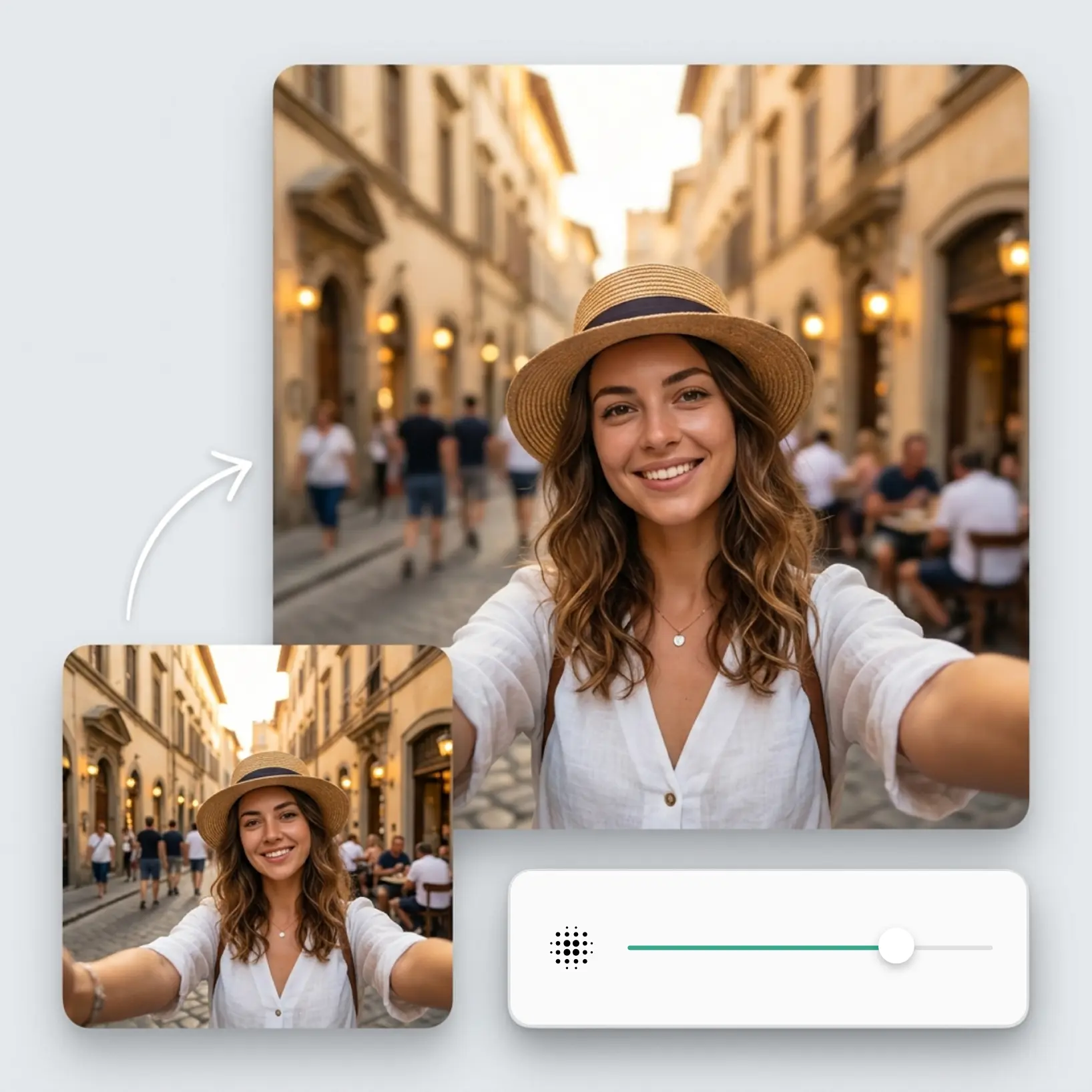 Woman selfie with background blur applied using Lift online tool showing adjustable blur intensity slider for precise and high-quality results