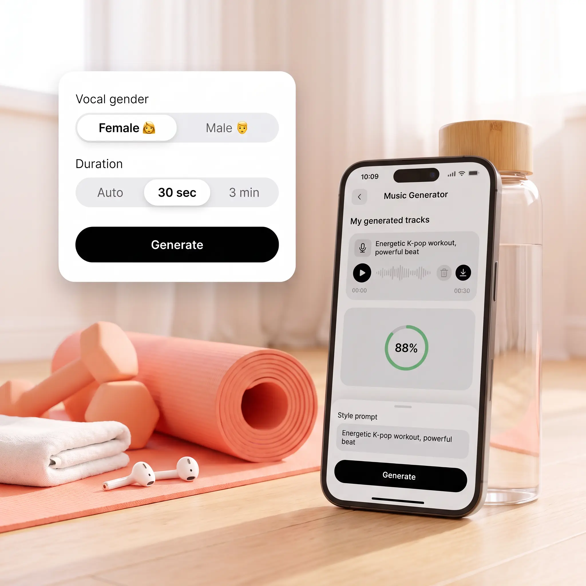 Phone beside a yoga mat generating an energetic AI music track, next to vocal gender and duration settings