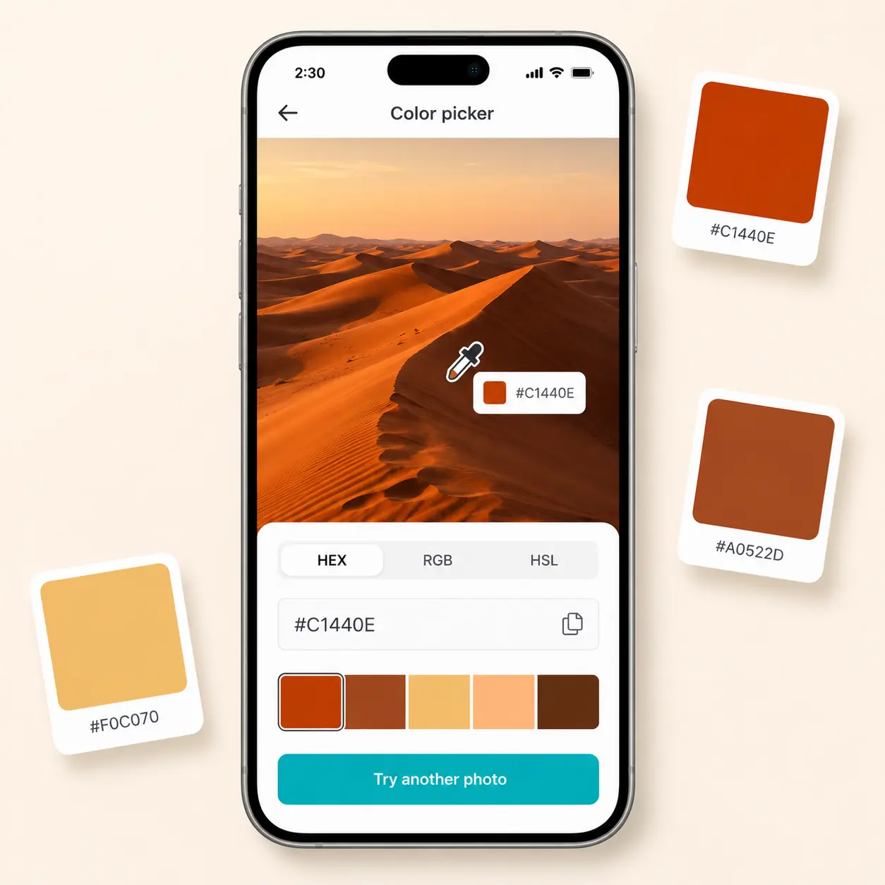 Mobile phone showing Lift color picker on a sand dunes photo with HEX code #C1440E and floating color chips