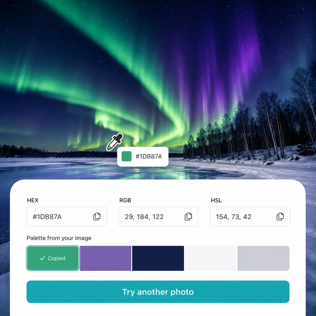 Sélecteur de couleur HEX Lift — photo d'aurore boréale avec code HEX émeraude et palette extraite Photo d'aurores boréales avec la pipette Lift affichant le code HEX #1DB87A et une palette vert-violet