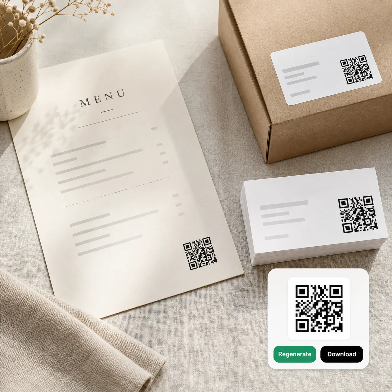 Restaurant menu, a shipping box, and a stack of business cards each printed with a QR code