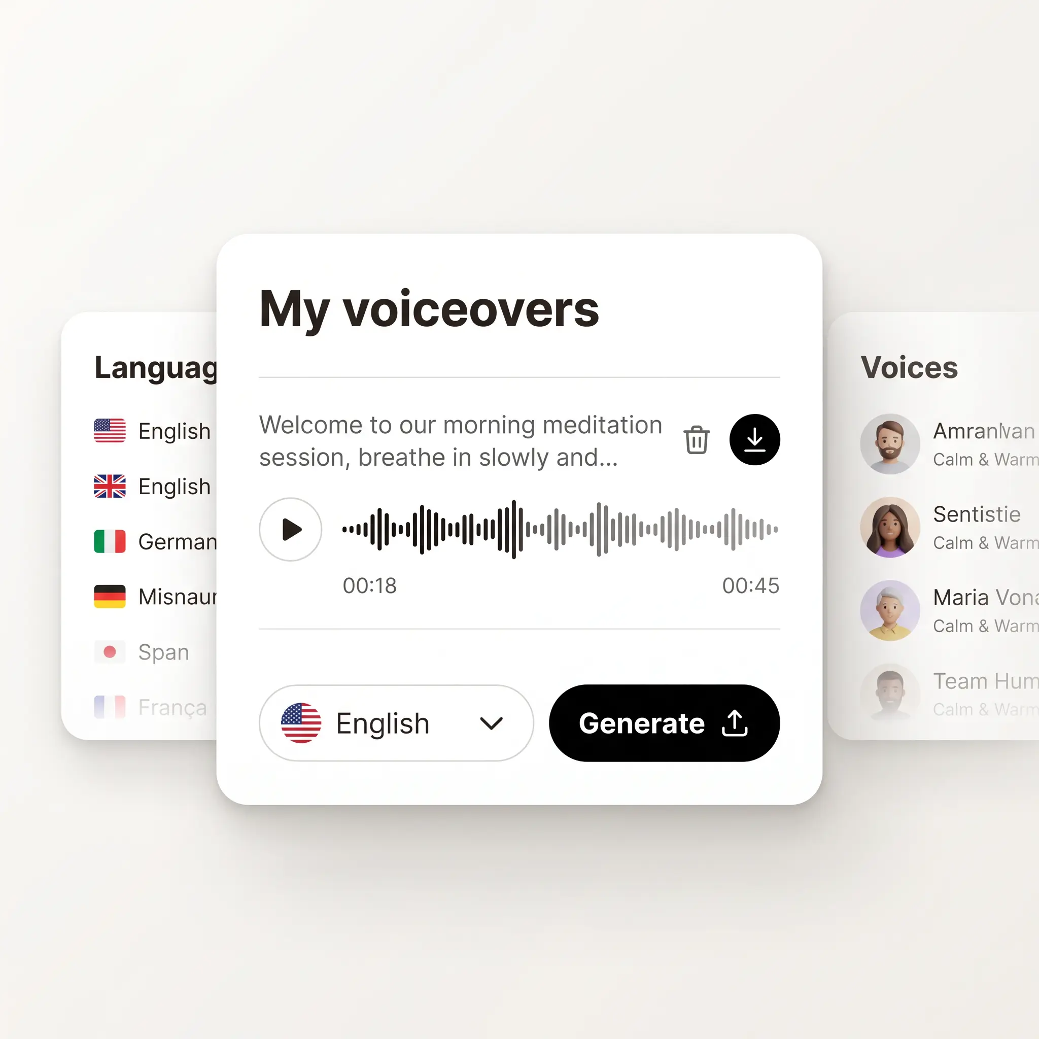 My voiceovers card with a meditation voice over playing, language list, and voice options with mood labels