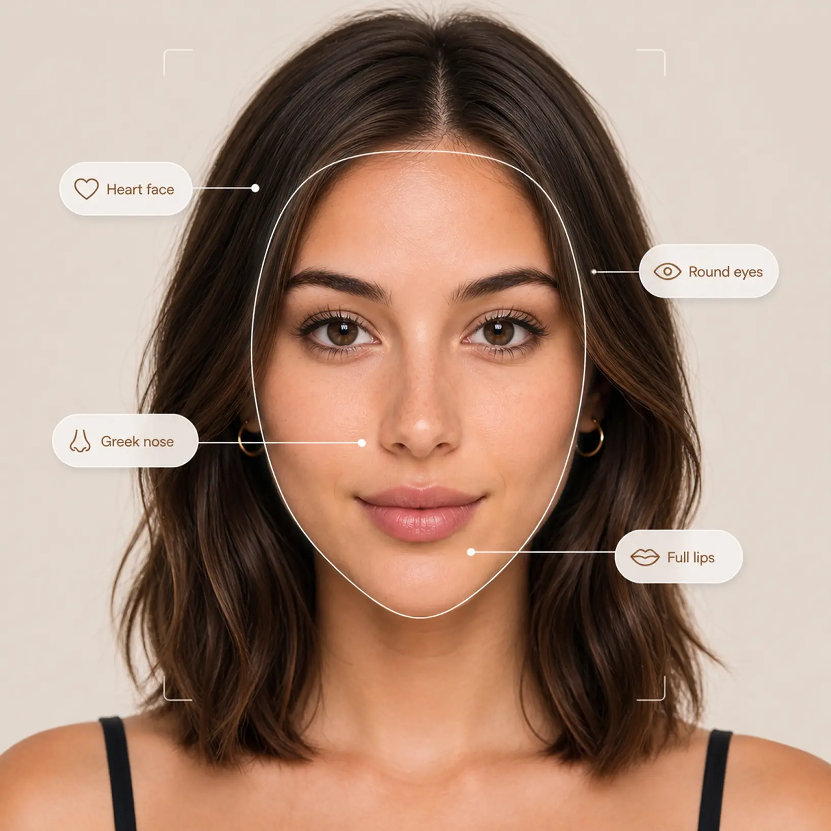 Detector de Forma Facial Lift — Retrato etiquetado con rostro Corazón, ojos Redondos, nariz Griega y labios Llenos Retrato de una mujer con cuatro etiquetas mostrando rostro Corazón, ojos Redondos, nariz Griega y labios Llenos