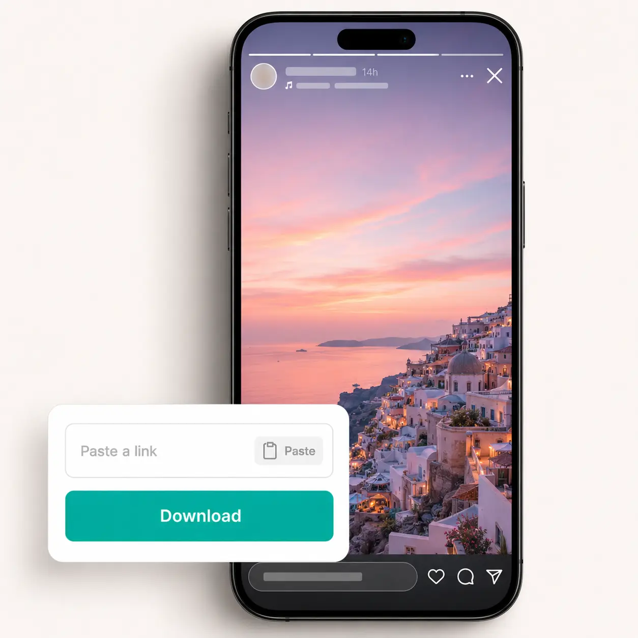 Mobile phone playing a sunset story from Instagram anonymously in fullscreen with paste link field and download button.