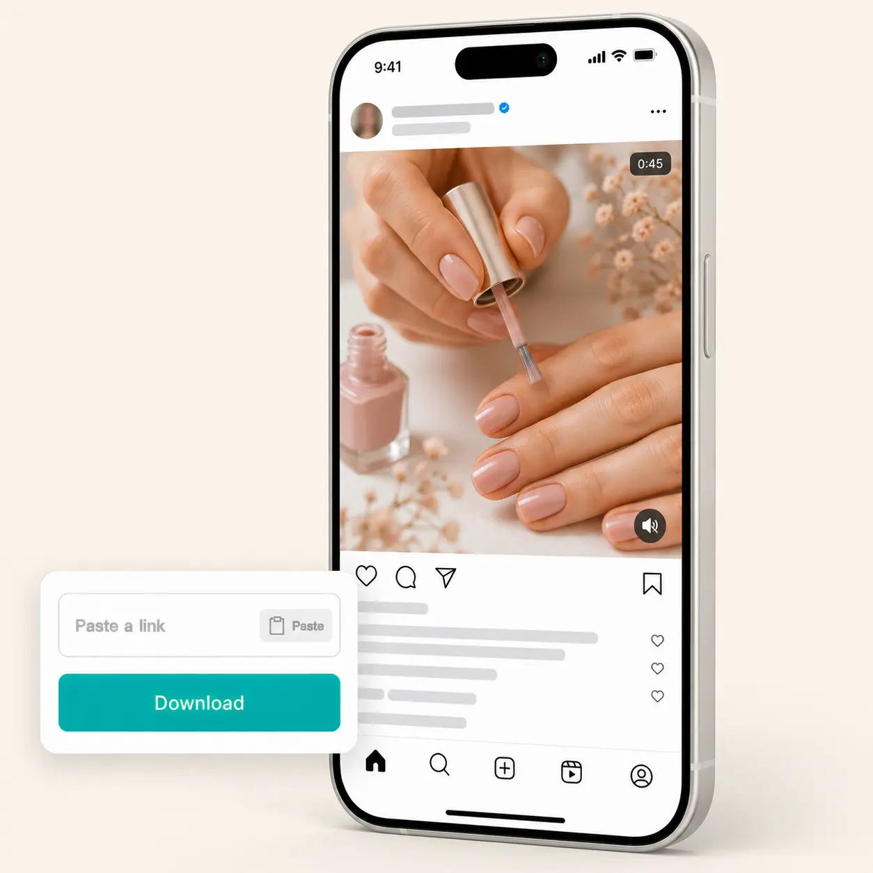 Phone shows an Instagram Reel of a manicure being painted with nail polish beside the Lift download module