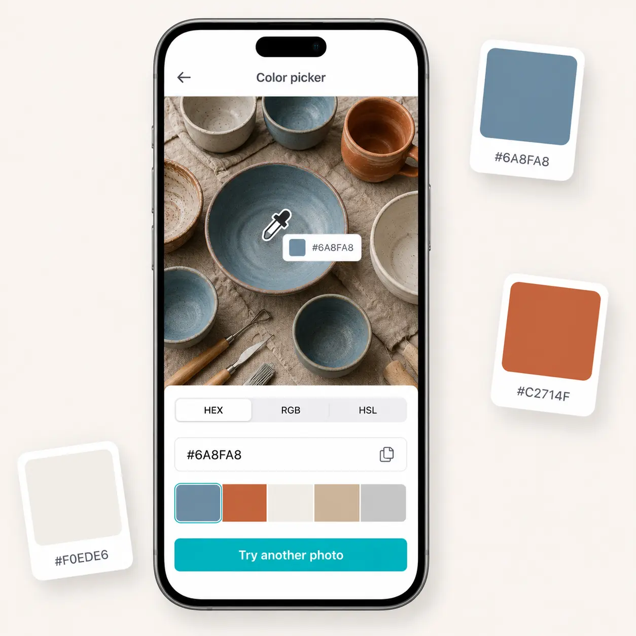 Lift color palette generator from image — mobile view of ceramic bowls photo with floating color swatches Smartphone showing Lift color picker on a ceramic bowls photo with extracted color swatches in HEX format