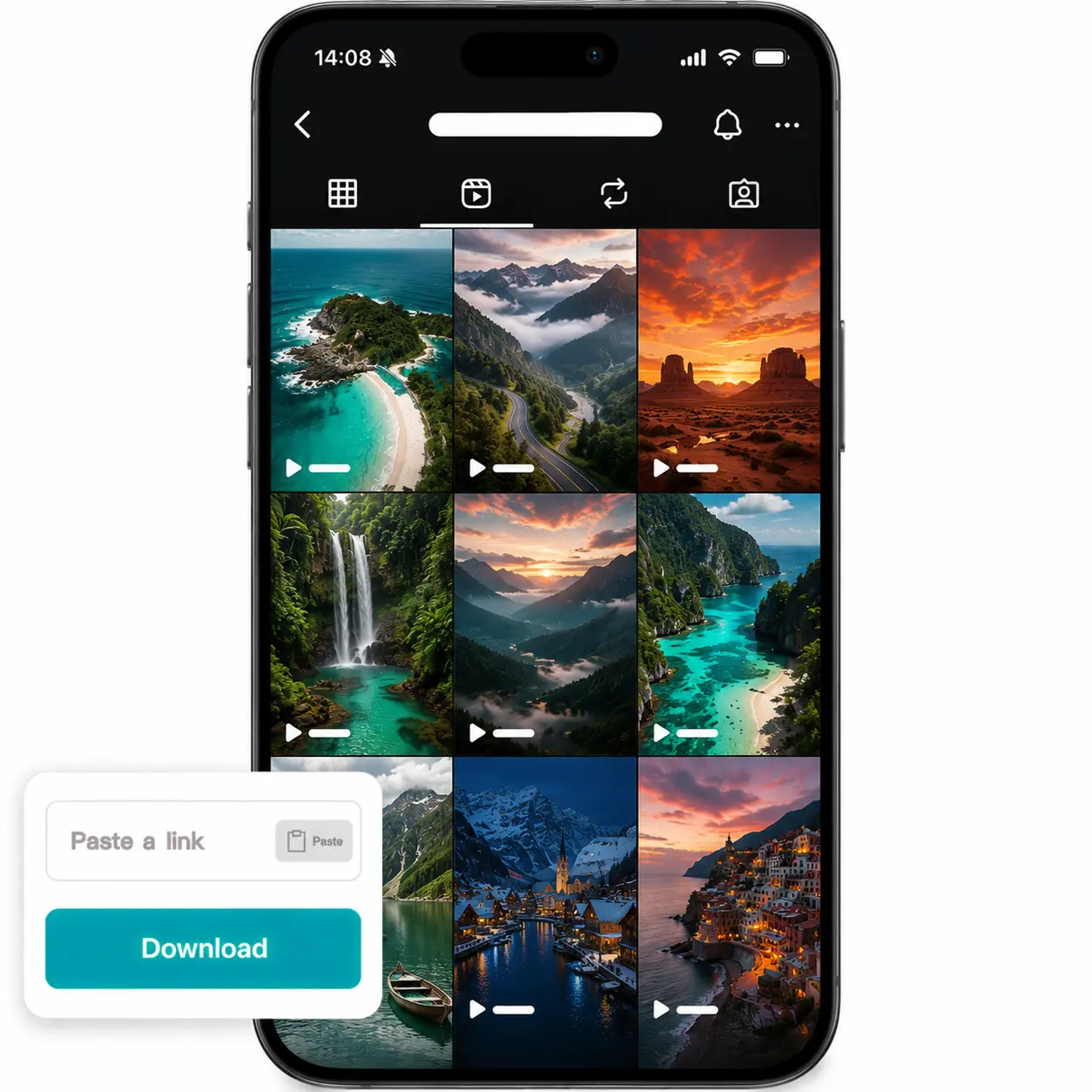 Lift Instagram Reels downloader saves travel destination clips from an explore grid to a phone gallery Phone displays an Instagram Reels grid of travel destinations including beaches, mountains, and waterfalls beside the Lift module