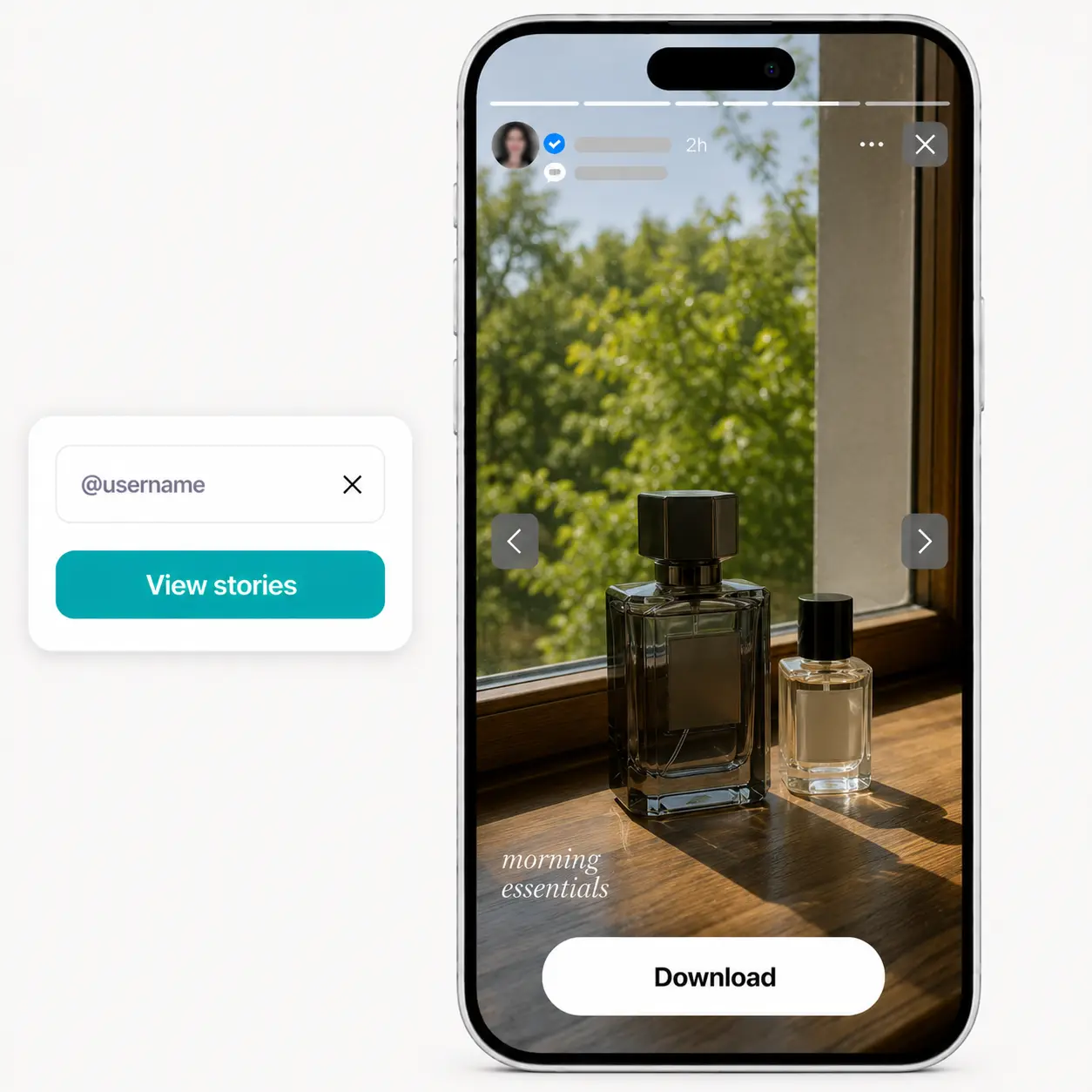 Mobile phone playing a morning essentials perfume bottle story from Instagram in fullscreen with username field and download.