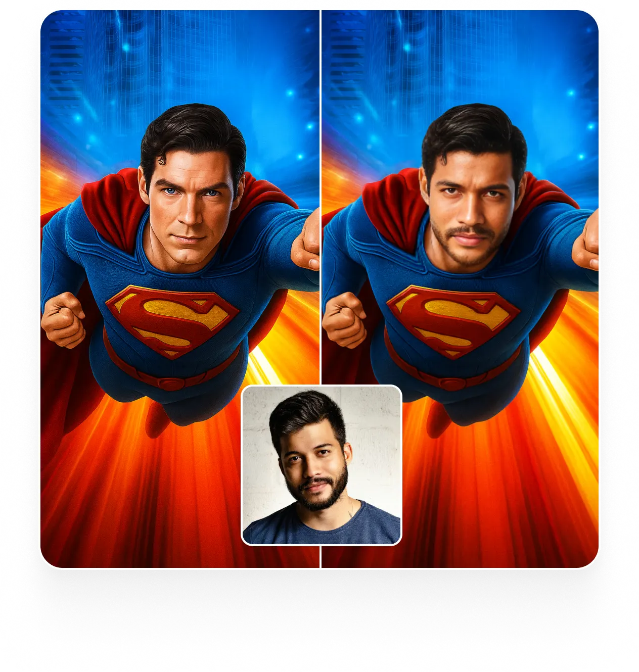 Before and after images of a woman's face being swapped in a photo.